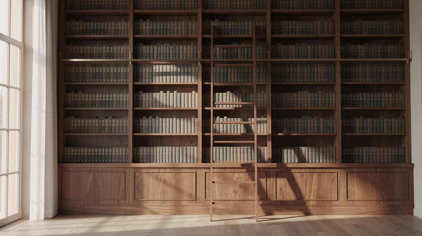 Floor-to-ceiling bookshelf library with soft natural light