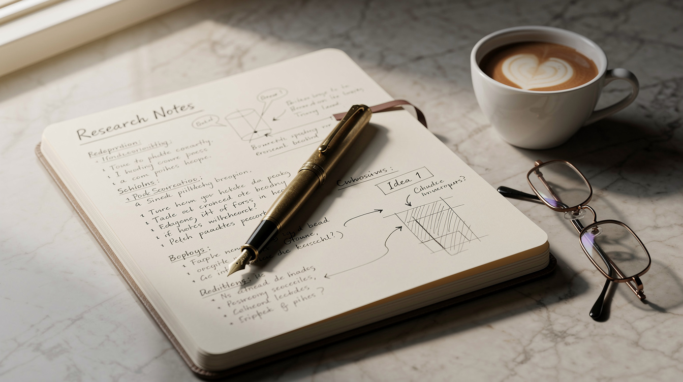 Flat lay of an open notebook with handwritten notes and a coffee cup on a marble desk